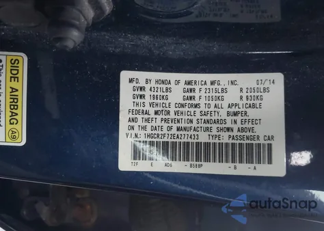2014 Honda Accord Ex z USA, uszkodzony, nr VIN 1HGCR2F72EA277433